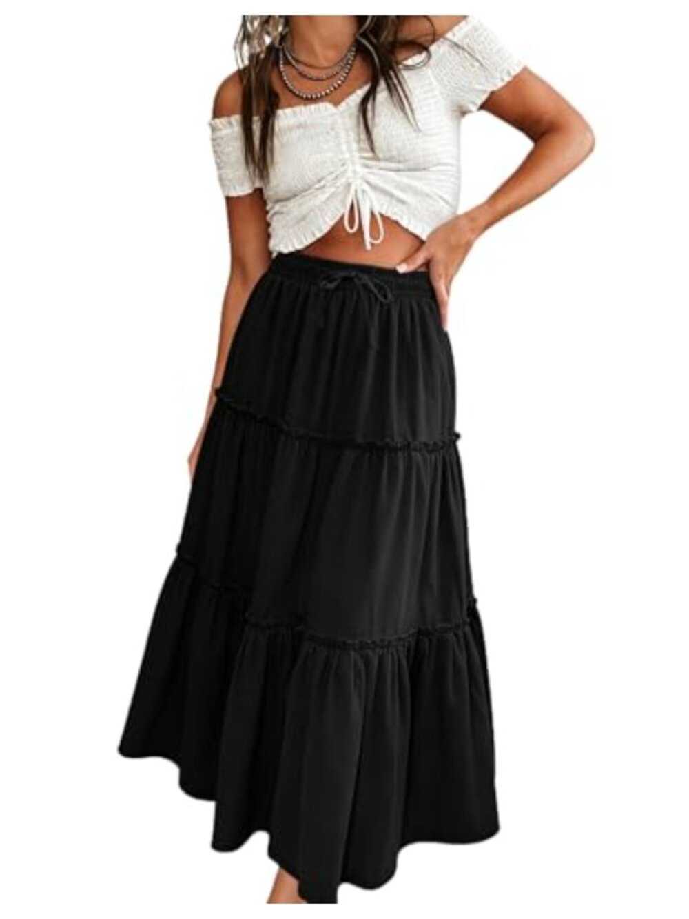 Women's Maxi Tiered Skirt Flowy A-Line High Waisted Drawstring Long Skirt with
